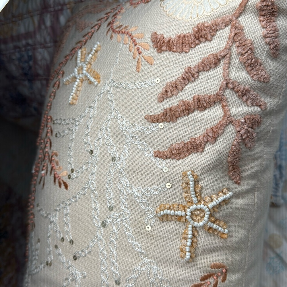 NEW Large Coastal Hand Embroidered w beads & Sequins Lumbar Pillow Beach Boho - Picture 9 of 17